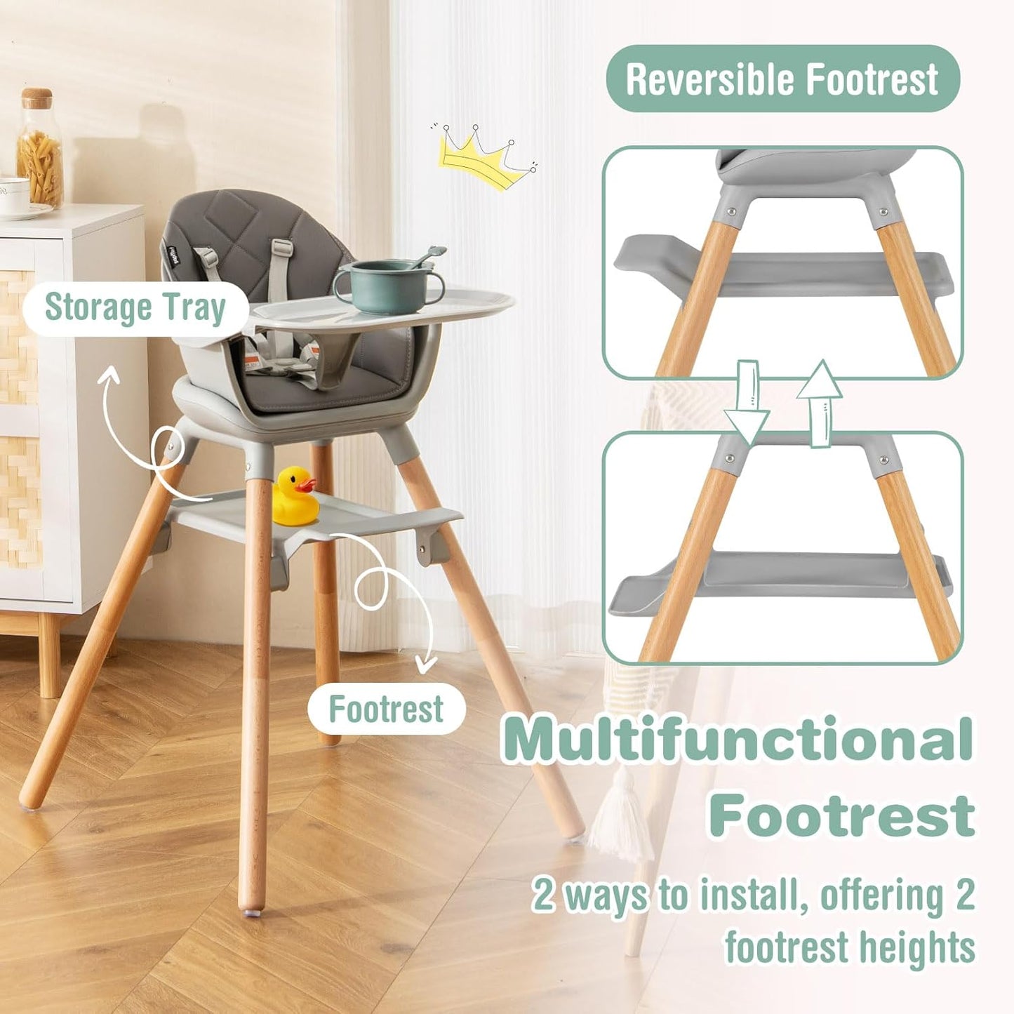 BABY JOY Baby High Chair, 6 in 1 Convertible Wooden Highchair for Babies & Toddlers with Adjustable