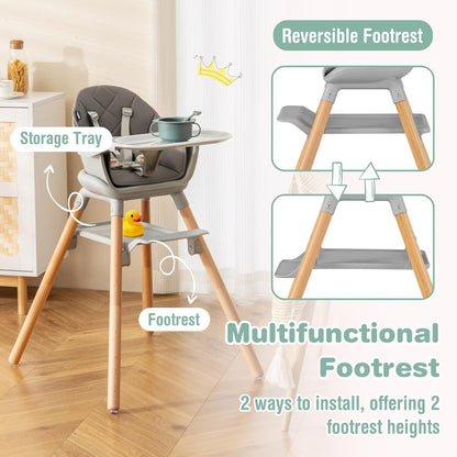 BABY JOY Baby High Chair, 6 in 1 Convertible Wooden Highchair for Babies & Toddlers with Adjustable