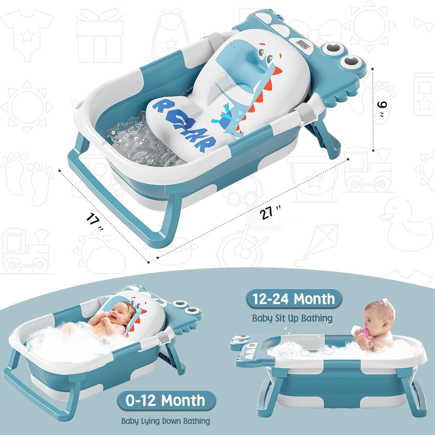 MoreFeel Collapsible Baby Bathtub for Newborn with Thermometer & 1 Hooded Towel & 1 Soft Floating