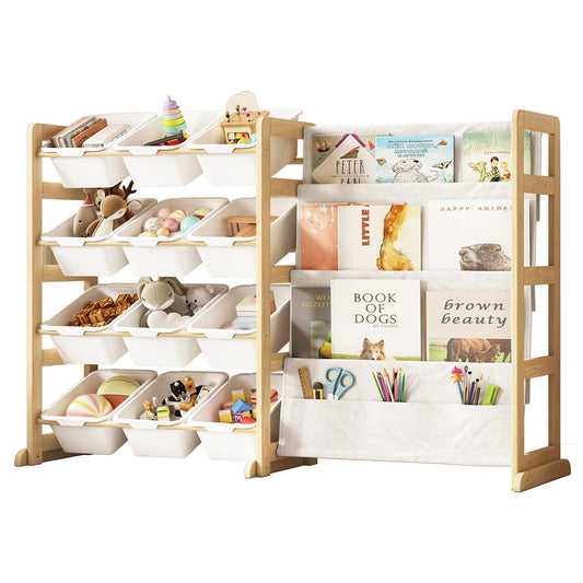 EXPERLAM Toy Storage Organizer with Bookshelf, Kids Toy Organizer and Storage Shelf with 12 White