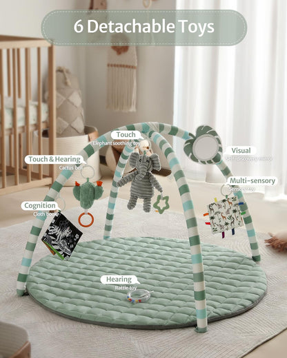 Blissful Diary Baby Play Gym Mat, Tummy Time Mat with 6 Detachable Toys for Stage-Based Sensory & Motor Skill Development, Baby Activity Mat Easy to Install & Clean, Baby Essentials Gift, Sage Green