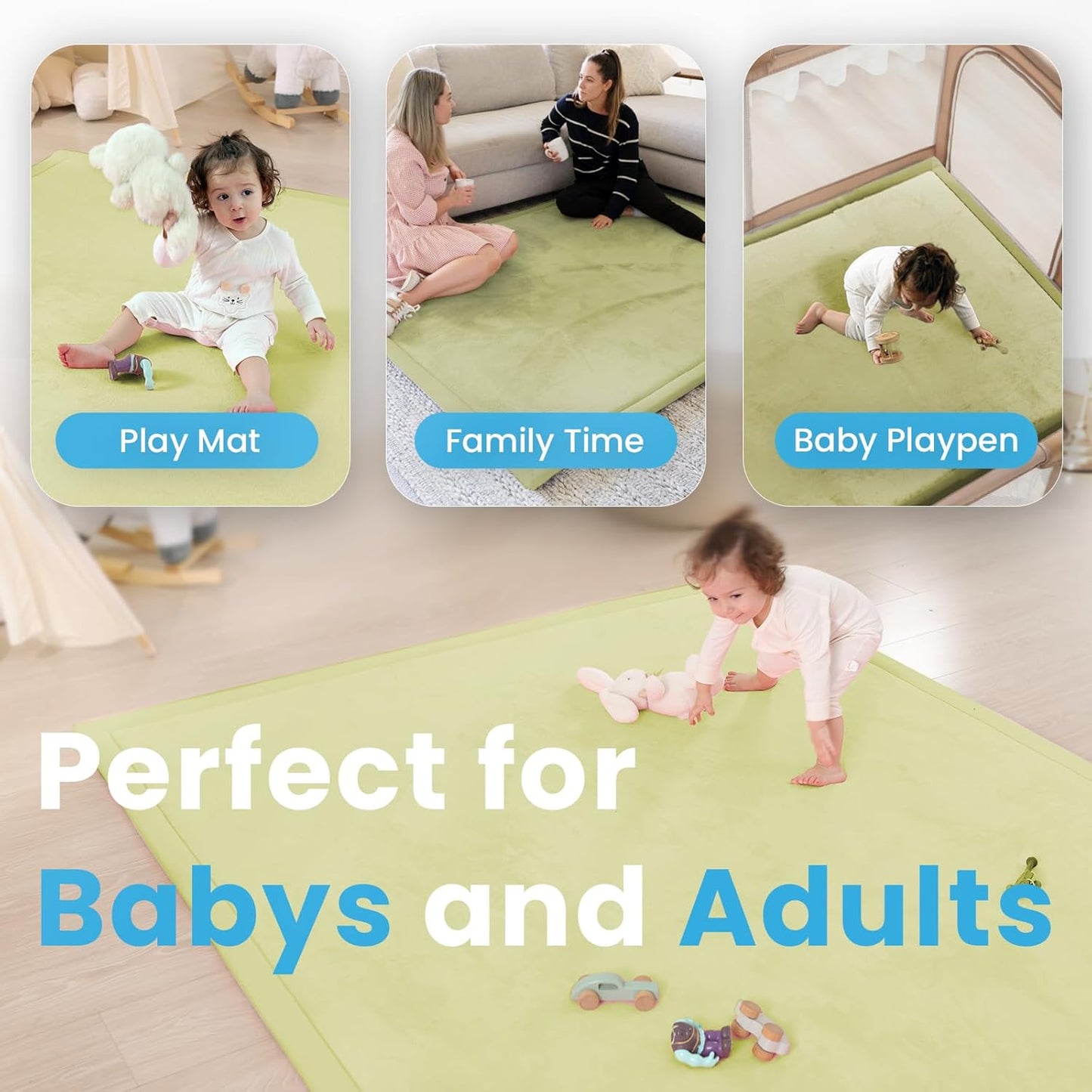 Baby Play Mat for Kids Room,Extra Thick Elasti-Foam Anti-Fall Cushion Mat for Babies,Toddlers,Infants,Water-Repellent&Non-Slip Bedroom Bedside Rugs(Light Green)