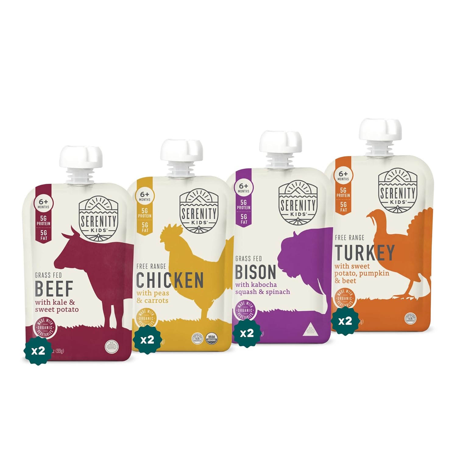 Serenity Kids 6+ Months Baby Food Pouches - Ethically Sourced Meat & Organic Veggies - High Protein