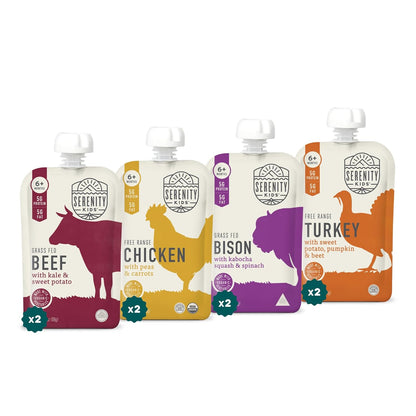 Serenity Kids 6+ Months Baby Food Pouches - Ethically Sourced Meat & Organic Veggies - High Protein