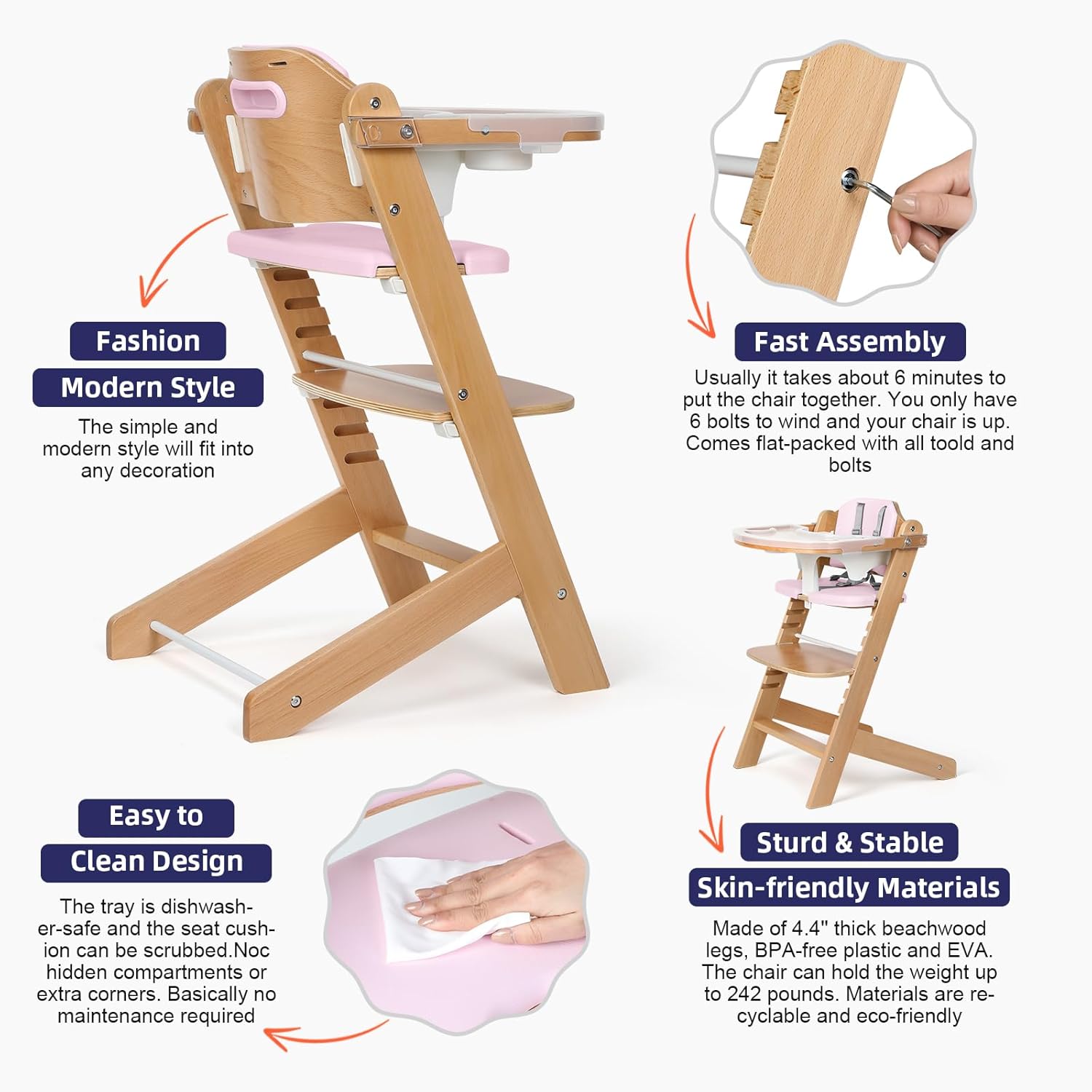 Cowiewie Natural Wooden High Chair for Babies & Toddlers 3-Tier Remove Adjustable Tray and