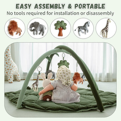 Baby Play Gym with Mat Leaf Shaped, Baby Play Mat with 6 Hanging Toys Tummy Time Mat, Baby Gym Activity Center, Washable (Green)