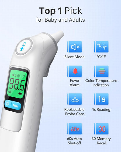 Ear Thermometer, Highly Accurate Ear Thermometer for Kids, Adults and Babies, 30 Memory Recall, 1s