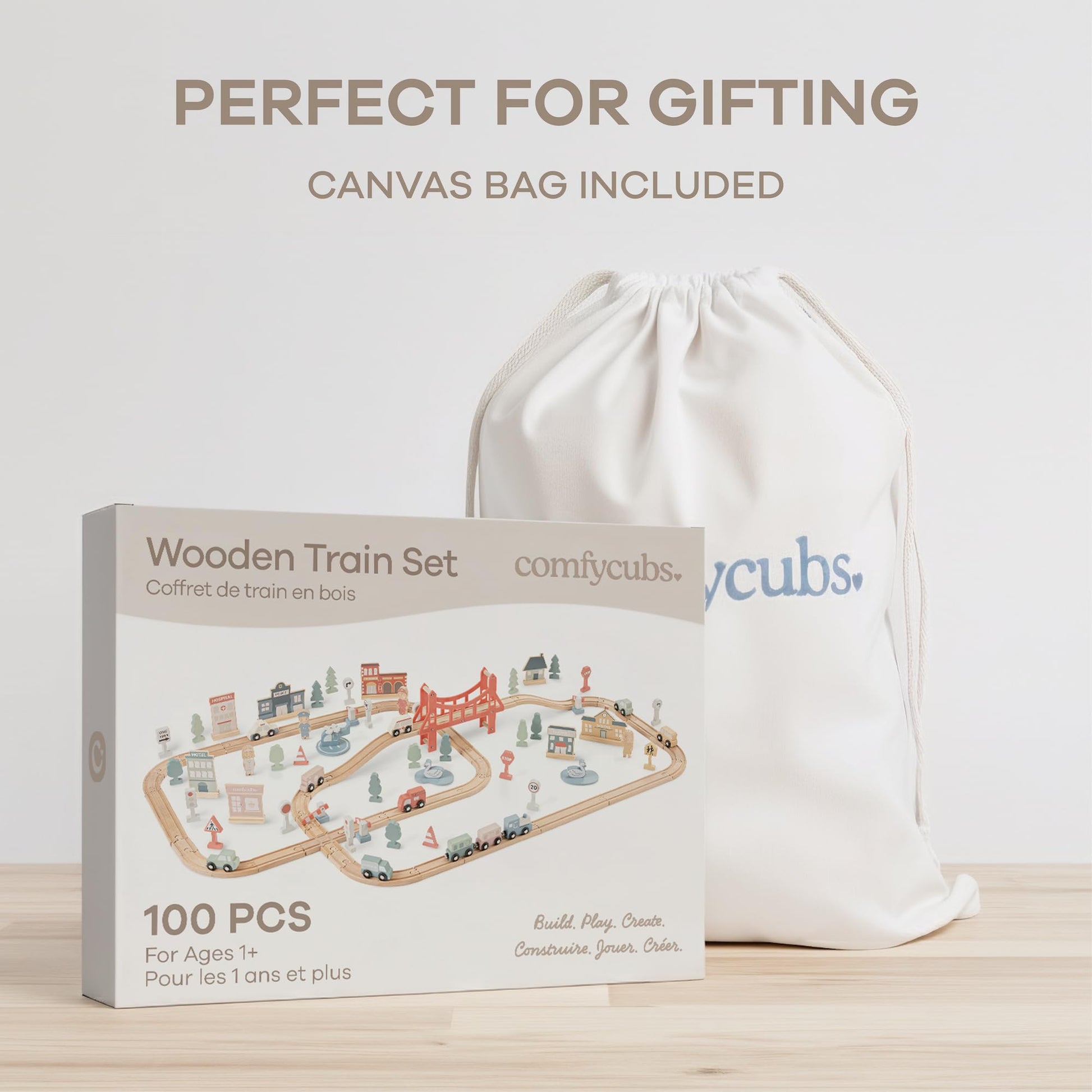 Comfy Cubs 100-Piece Wooden Train Set for Toddlers Ages 1+, Fun & Eco Friendly Toddler Train Set