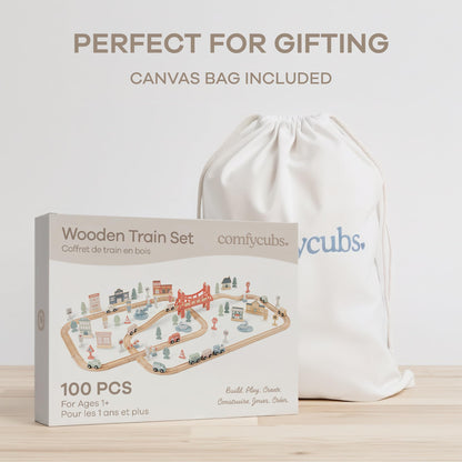Comfy Cubs 100-Piece Wooden Train Set for Toddlers Ages 1+, Fun & Eco Friendly Toddler Train Set