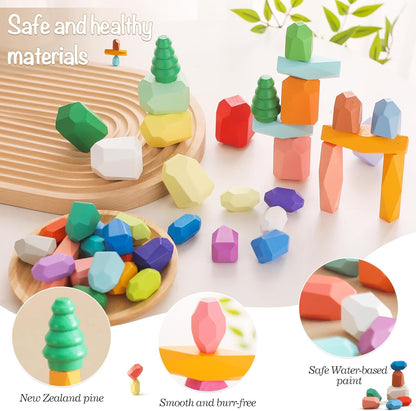 OESSUF Stacking Rocks 40Pcs Stacking Rocks Balancing Stacking Stones Wooden Stacking Toys Wooden Stone Stacking Game for Toddler Wood Sorting Montessori Stacking Rocks for Kids