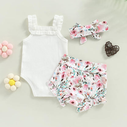 fhutpw Baby Girl Clothes Summer Cute Outfits 3 6 12 18 Months Spaghetti Strap Romper & Floarl Shorts Sets
