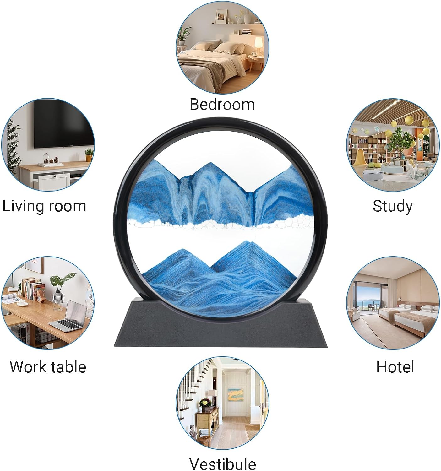 Drakswet Moving Sand Art Liquid Motion，Moving Sand Art Picture-3D Deep Sea Sandscape，Round Glass Frame Display Flowing Sand Relaxing Desktop Home Office Work Decor (Blue)