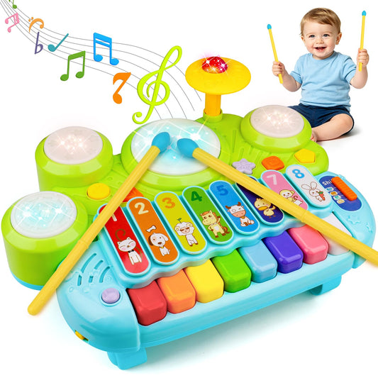 Baby Piano Drum Set for Toddlers, 3-in-1 Baby DJ Table Musical Toys Piano Keyboard Xylophone Drum