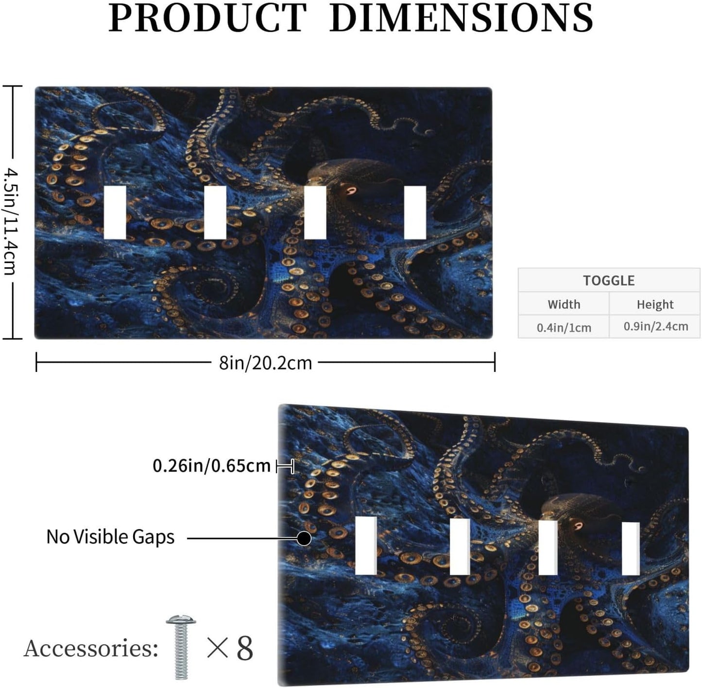 Decorative Switch Covers Plate Horror Night Blue Ocean Evil Octopus 4 Gang Artistic Wall Plate Unique Quad Toggle Light Switch Plate Jumbo Faceplate for Bathroom Bedroom Home Decor