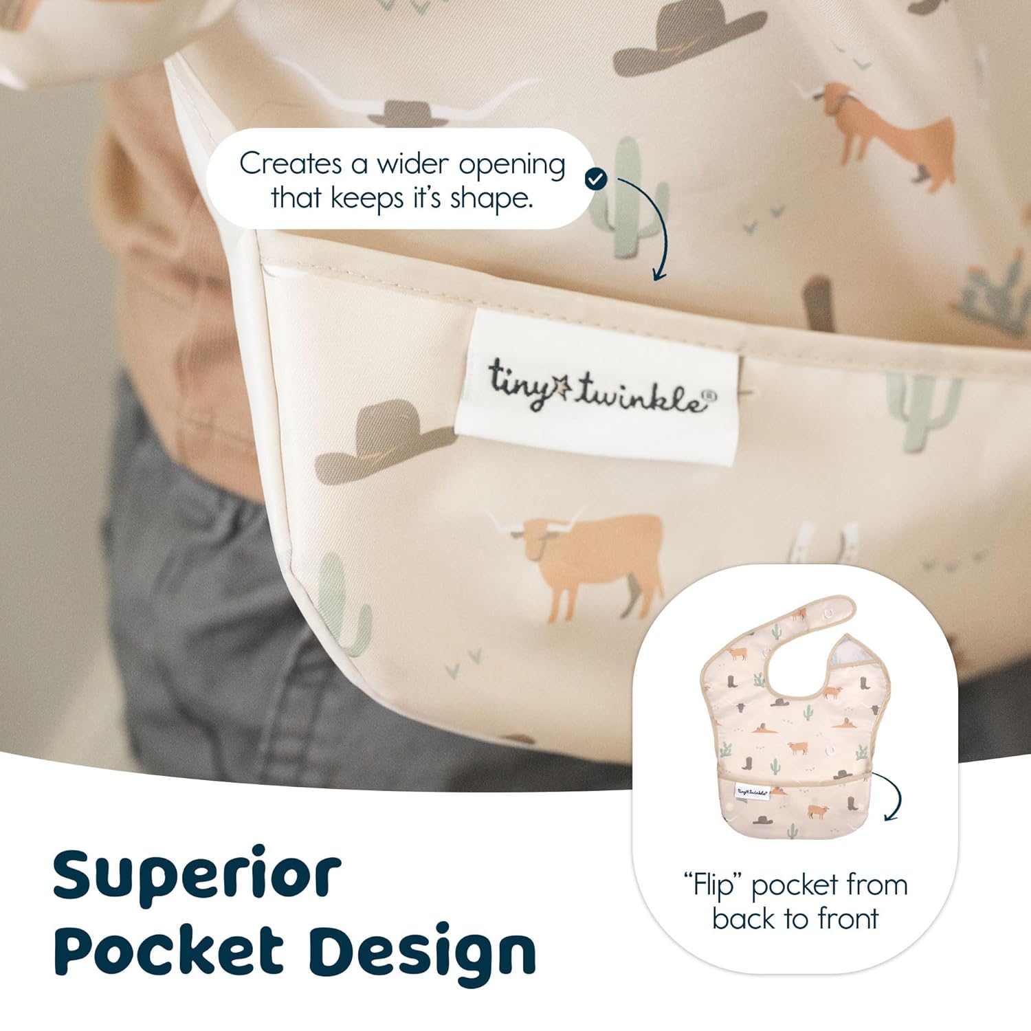 Tiny Twinkle Mess Proof Baby Bibs for Eating - Waterproof, Wipeable Bibs - Toddler Bibs - Travel