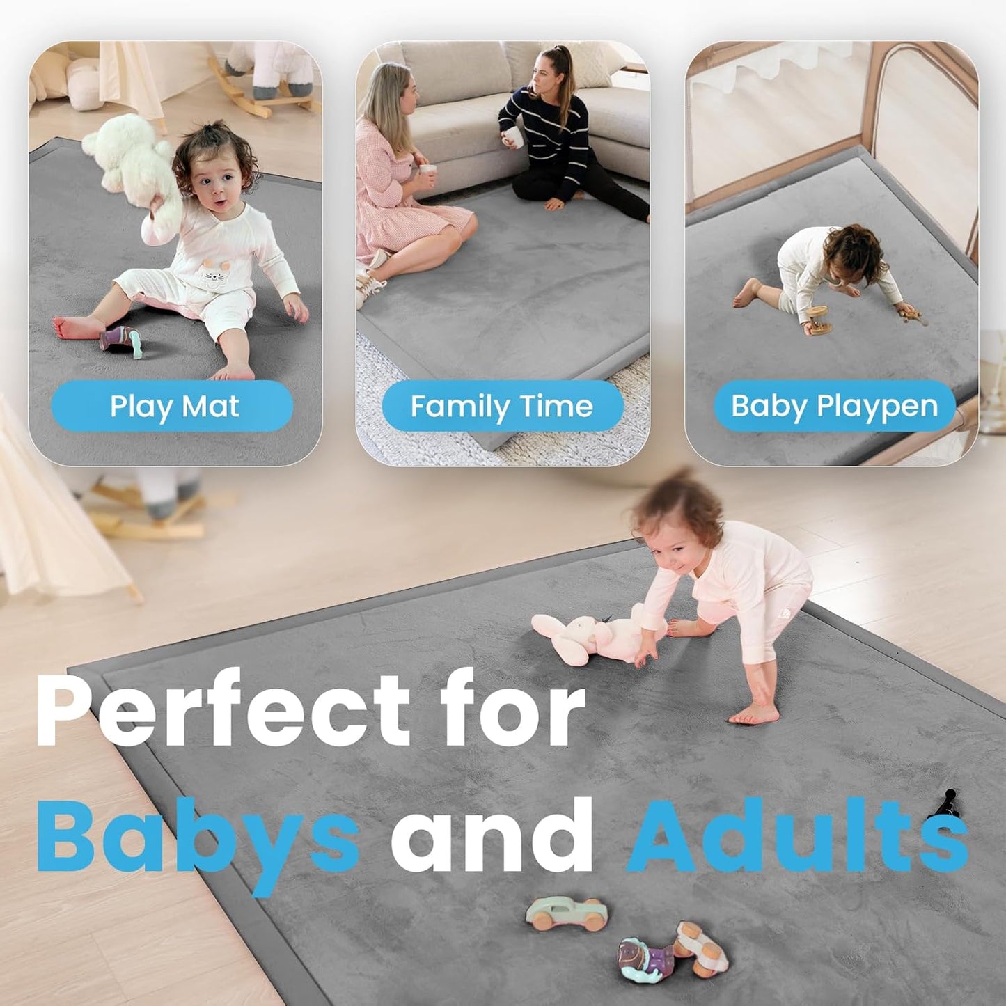 Ultra Soft Baby Play Mat,1.3" Thick Elasti-Foam Tummy Time Mat for Infants,Toddlers,Kids,Water-Repellent Coral Fleece Nursery Rug,Non-Slip Safe for Crawling&Hardwood Floors(Dark Grey)