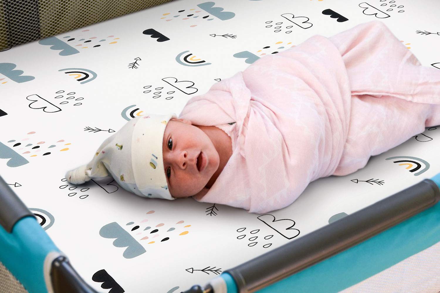 GRSSDER Stretchy Ultra Soft Jersey Knit Fitted Pack n Play Playard Sheets Set 2 Pack，Portable/Mini