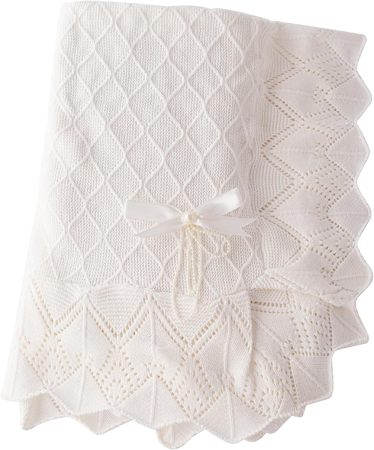 Booulfi Knit White Baby Blankets Neutral,Crib Stroller Newborn Blankets for Boys Girls,Cotton Lace