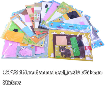 Lovyan 3D EVA Foam Stickers for Toddlers 12PCS Sticky Foam DIY Craft Preschool Art Class Drawing Sticker Puzzle Art Kit for Kids Boys Girls (Animals)