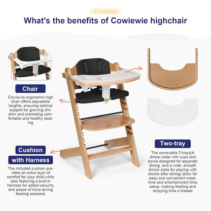 Cowiewie Natural Wooden High Chair for Babies & Toddlers 3-Tier Remove & 2 Adjustable Tray, 8