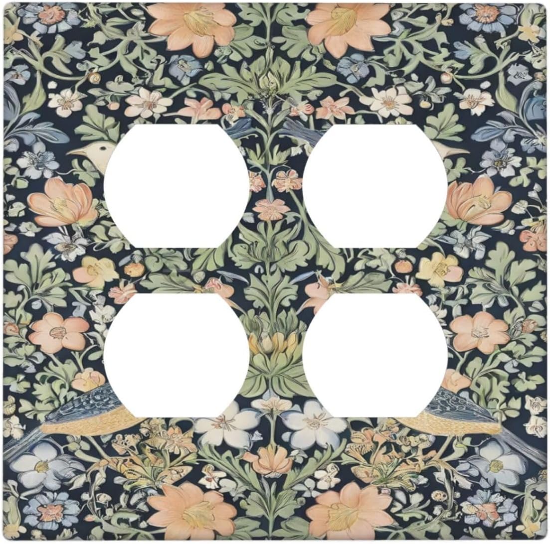 Decorative Outlet Covers Rustic Morris Birds Green Leaf Flower 2 Gang Wall Plate Cover Double Duplex Receptacle Two Switch Light Switch Cover Plate Jumbo Dual Faceplate for Home Decor