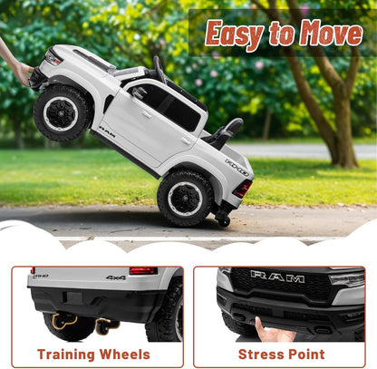 Licensed Ram 1500 Ride on Toys for Kids 4-8, Ride-on Electric Car for Kids with Remote Control, Battery Powered with Car Key/Gear Selector, LED Light/Music/MP3, Back Storage (White)