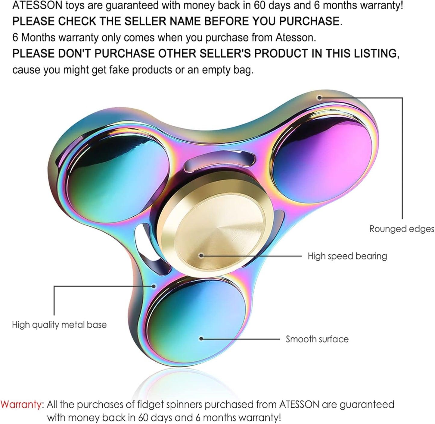 ATESSON Fidget Spinner Toy Durable Stainless Steel Bearing High Speed Spins Precision Metal Hand