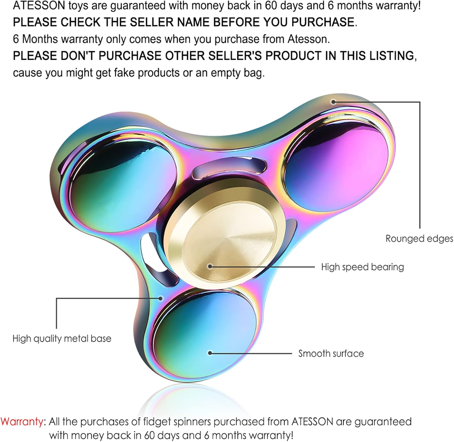 ATESSON Fidget Spinner Toy Durable Stainless Steel Bearing High Speed Spins Precision Metal Hand