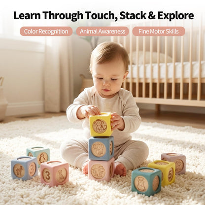 Little Rawr 9 Pcs Baby Silicone & Wooden Stacking Blocks, Food-Grade Silicone Baby Toy with Natural