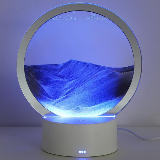 KPNUWN Moving Sand Art Liquid Motion, 3D Deep Sea Sandscape Color Quicksand Decor, Round Glass Moving Sand Art Picture Relaxing Desktop Home Office Work Decor (7 inch-Black Light)