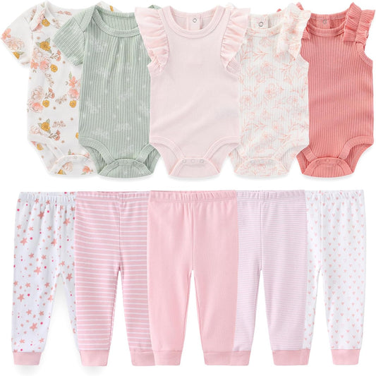 Baby Boy Girl 10 Piece Combined Type Clothing Set Cotton Baby Bodysuits and Pants Set Home Outdoor Infant Clothes