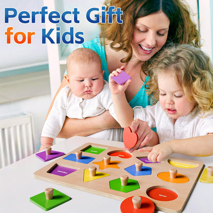 Wooden Shape Peg Puzzles for Toddlers 1 2 3 Year Old Boys Girls Gifts: Shape Sorter & Color Match