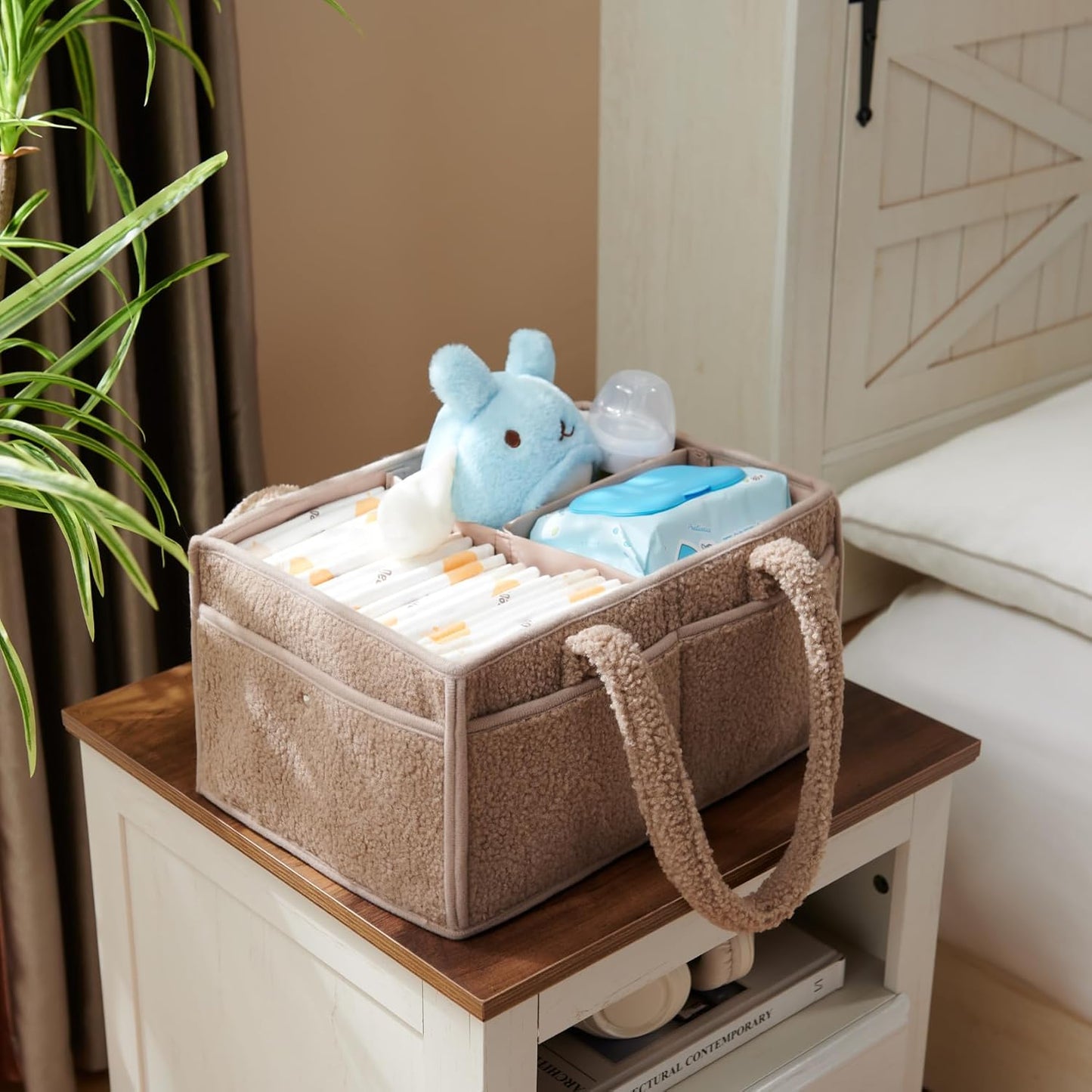 luxury little Diaper Caddy Organizer, Large Cotton Rope Nursery Baby Basket, Changing Table Organizer for Baby Diaper Storage, Portable Car Organizer with Removable Divider (Light Brown)