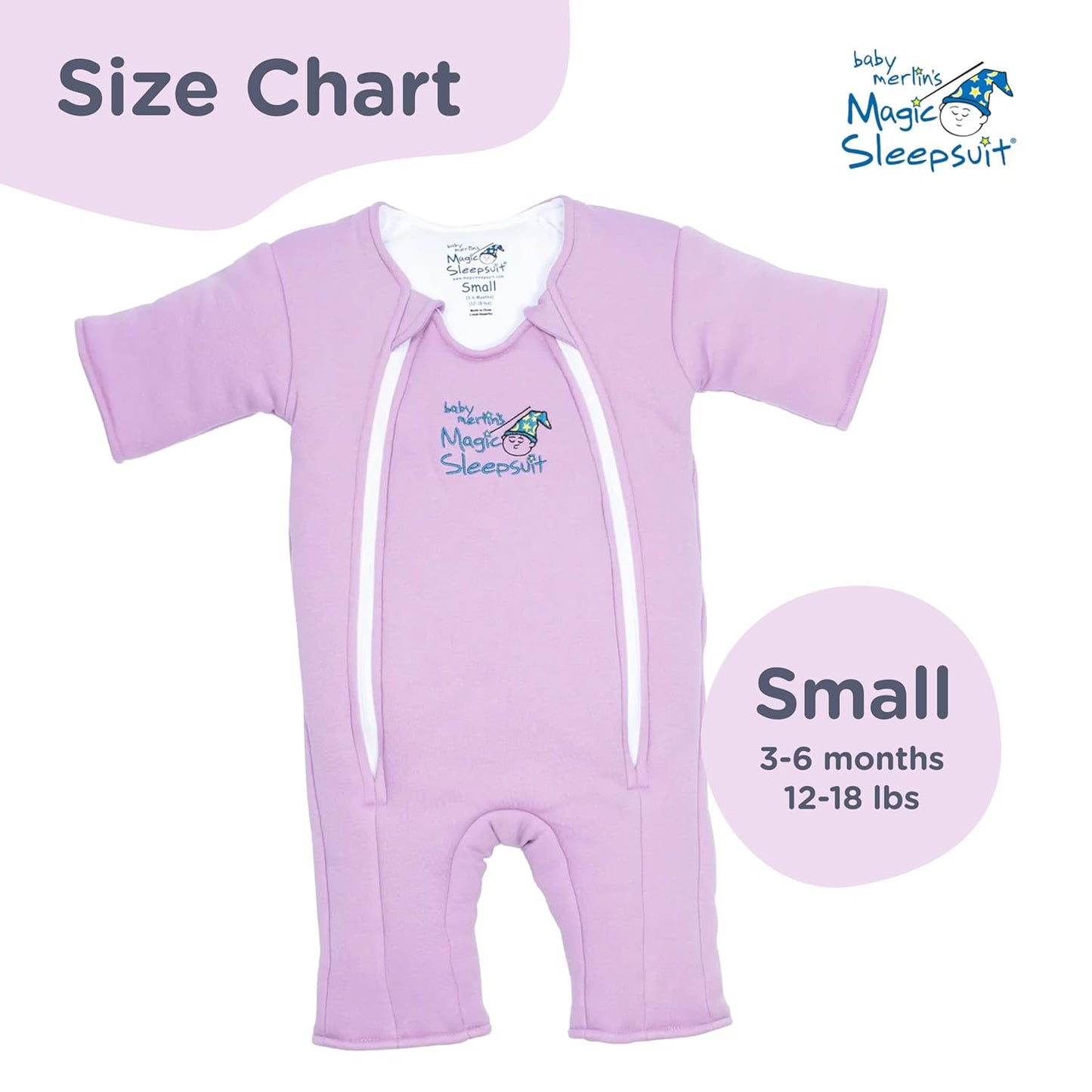 Magic Sleepsuit Baby Merlin's Cotton Baby Swaddle Transition Product - Soft and Cozy Design, Double Zipper for Easy Diaper Changes, Promotes Safe Sleep, 3-6 Months - Lavender - Small 12-18lbs