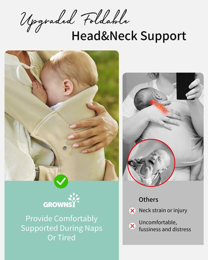 GROWNSY Baby Carrier, Wrap Carrier, Ergonomic with Head Support, Cream
