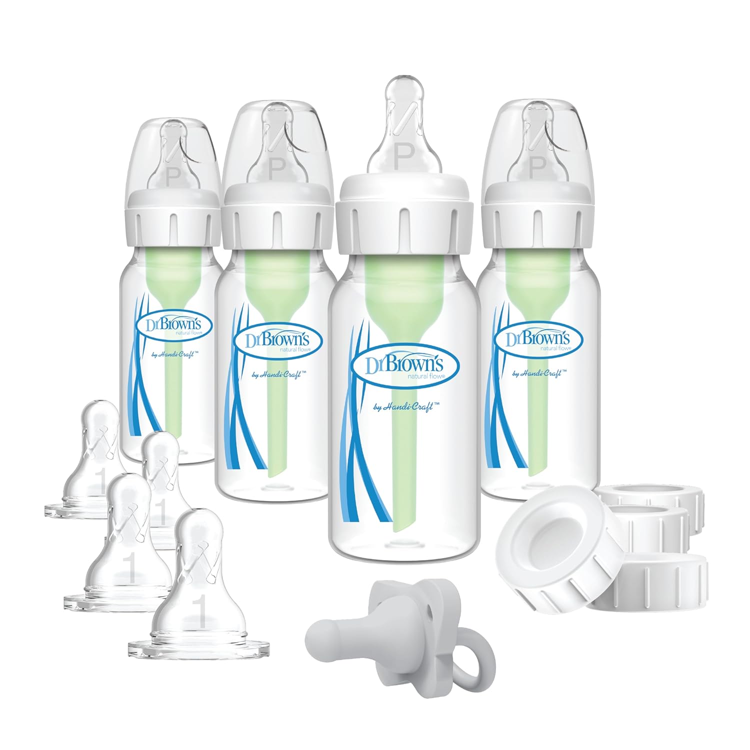 Dr. Brown's Anti-Colic Breast to Bottle Feeding Set with Slow Flow Nipples, Travel Caps, and