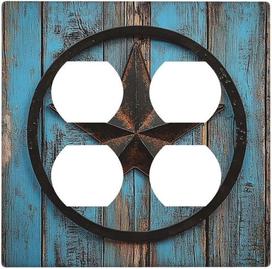 Outlet Covers Rustic Wood Country Barn Texas Star On Teal 2 Gang Double Duplex Decorative Light