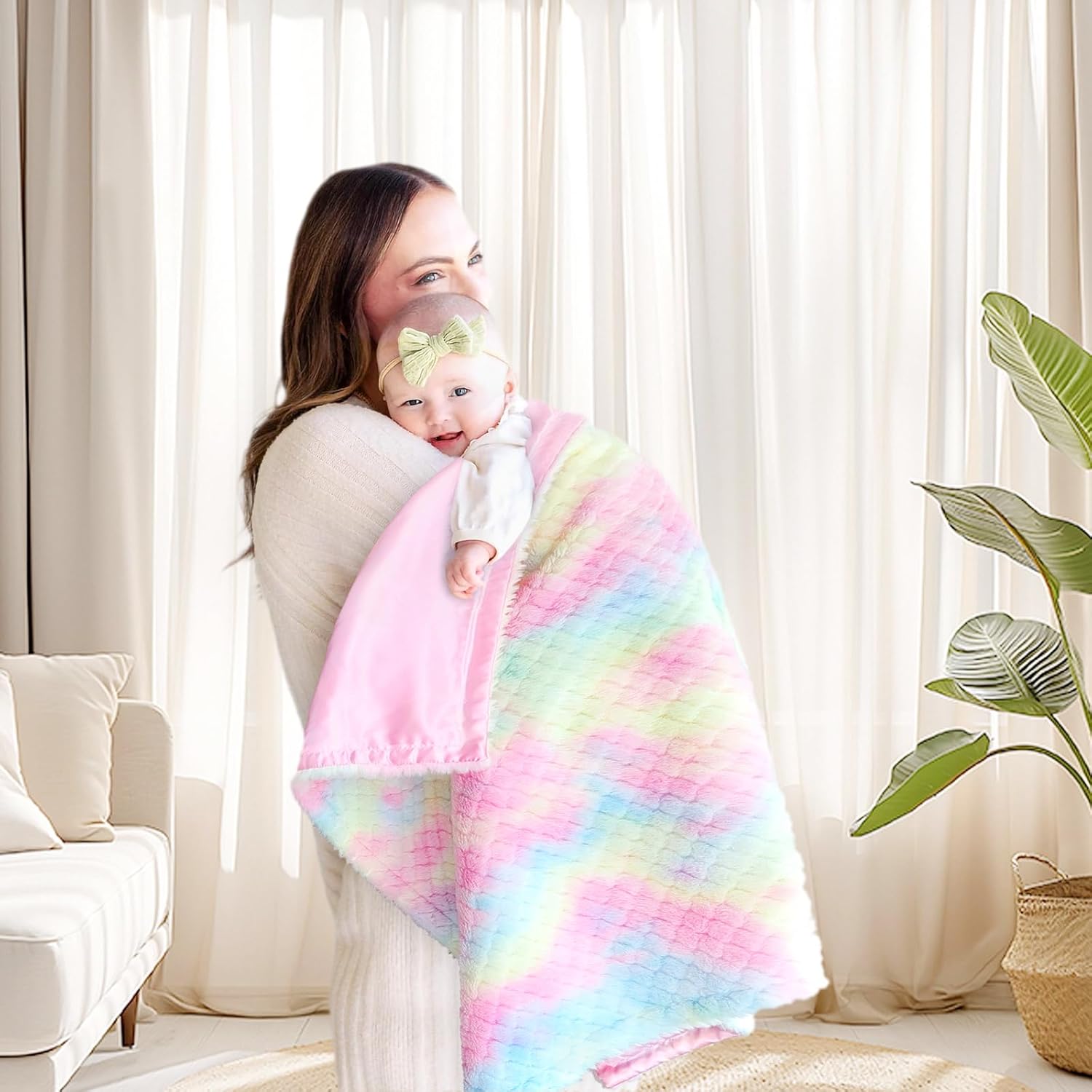 Baby Blanket for Girls Tie Dye Rainbow Fleece Fluffy Fuzzy Blanket with Soft Luxury Silk Silky