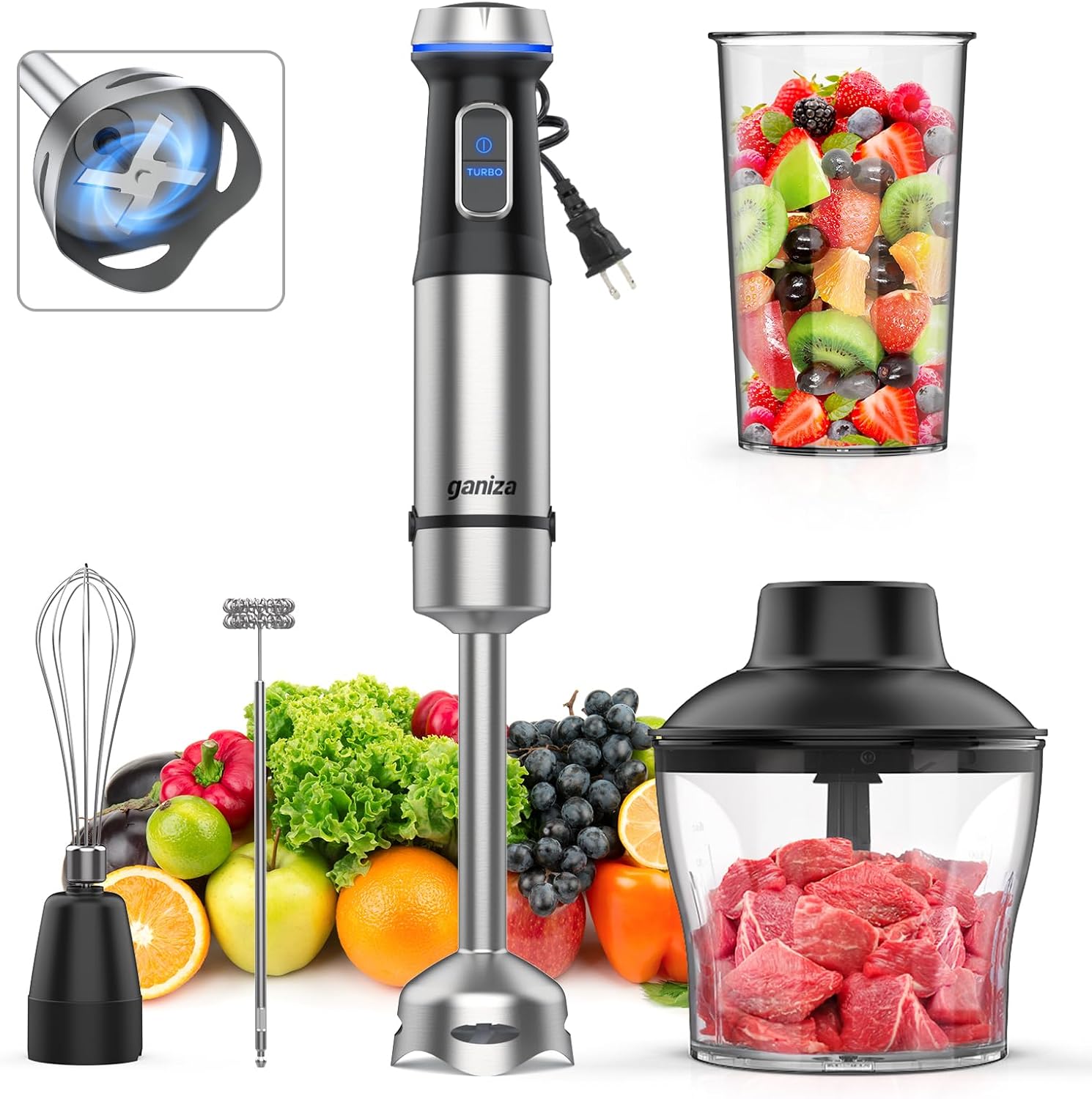 Ganiza Immersion Blender 5 in 1 Hand Blender Max 1000W Heavy Duty Motor, 16 Speed Mode Handheld