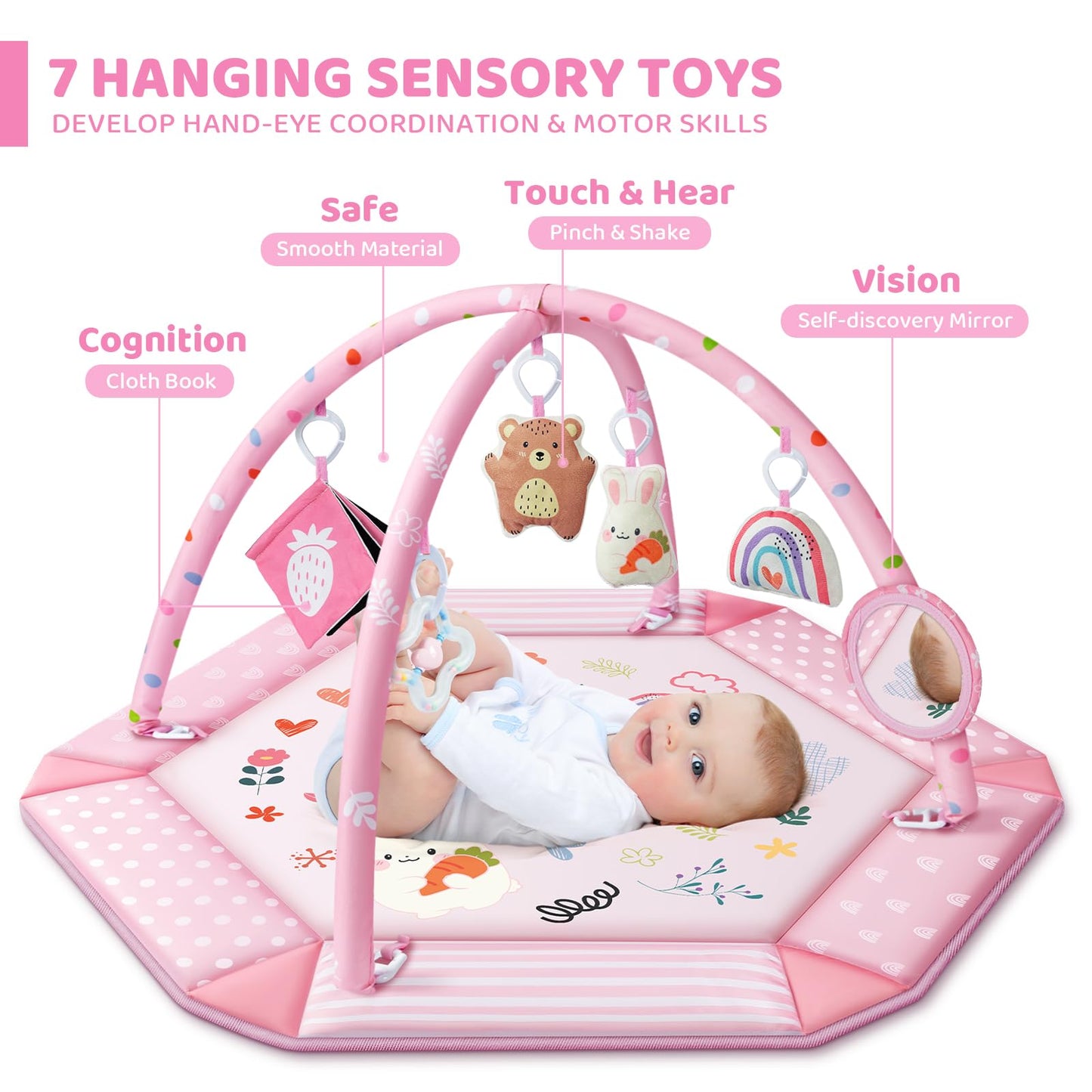 Baby Gym Play Mat, 8-in-1 Tummy Time Mat & Ball Pit with 6 Toys, Washable Baby Activity Mat for