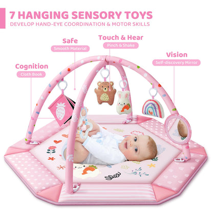 Baby Gym Play Mat, 8-in-1 Tummy Time Mat & Ball Pit with 6 Toys, Washable Baby Activity Mat for