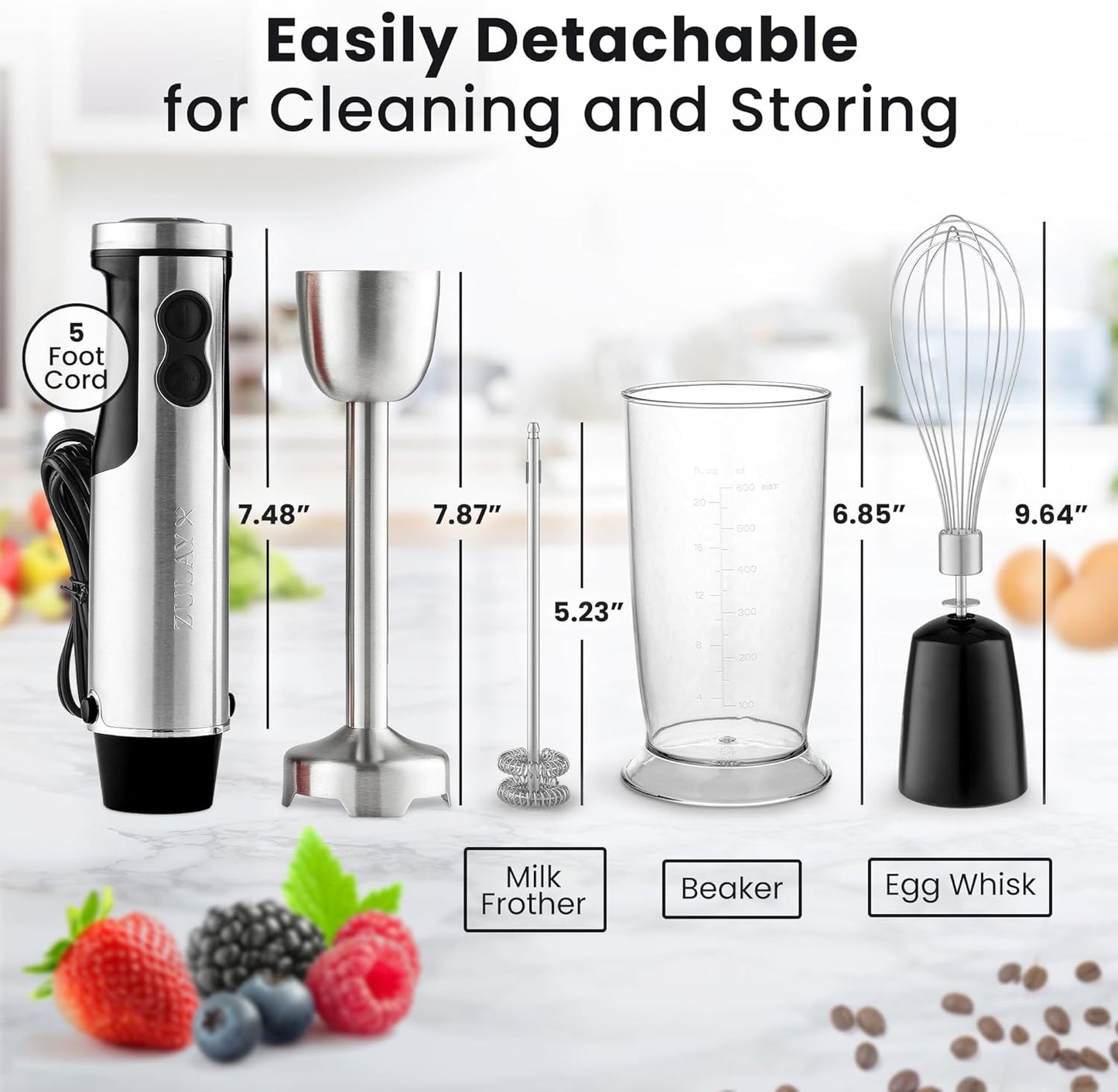 Zulay 4-in-1 Immersion Stick Mixer Hand Blender - 800 Watts, 12 Speeds, 5-ft Power Electric Cord