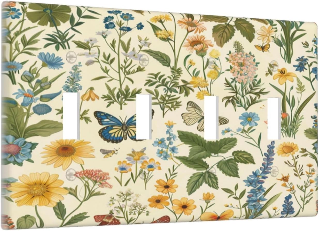Decorative Switch Covers Plate Rustic Plant Garden Leaf Flower Butterfly 4 Gang Artistic Wall Plate Unique Quad Toggle Light Switch Plate Jumbo Faceplate for Bedroom Home Decor