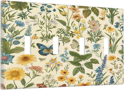 Decorative Switch Covers Plate Rustic Plant Garden Leaf Flower Butterfly 4 Gang Artistic Wall Plate Unique Quad Toggle Light Switch Plate Jumbo Faceplate for Bedroom Home Decor