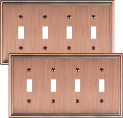 2-Pack Quad Toggle Light Switch Cover Plate, Durable Zinc Alloy Decorative Switch Plate Covers, Antique Copper 4 Gang Wall Plate for Toggle Light Switch and Rotary Dimmer Switch