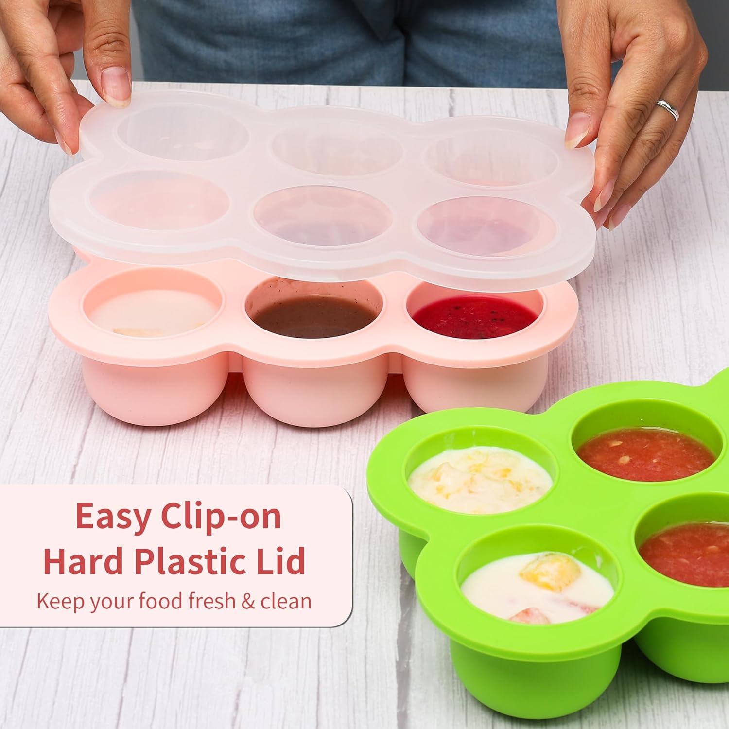 Baby Silicone Freezer Tray with Clip on Lid, 6 x 3 OZ Baby Silicone Freezer Molds, Silicone Storage