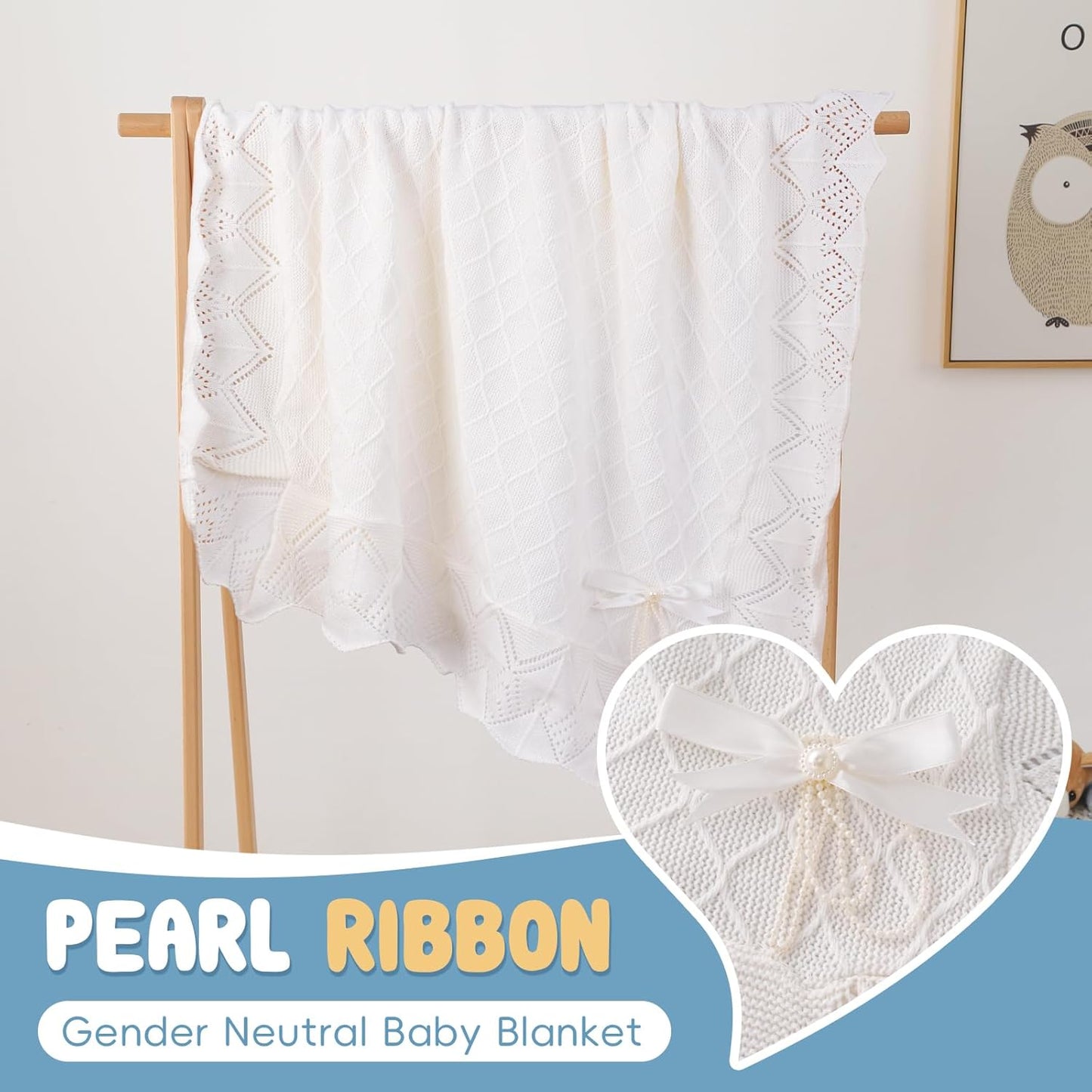 Booulfi Knit White Baby Blankets Neutral,Crib Stroller Newborn Blankets for Boys Girls,Cotton Lace