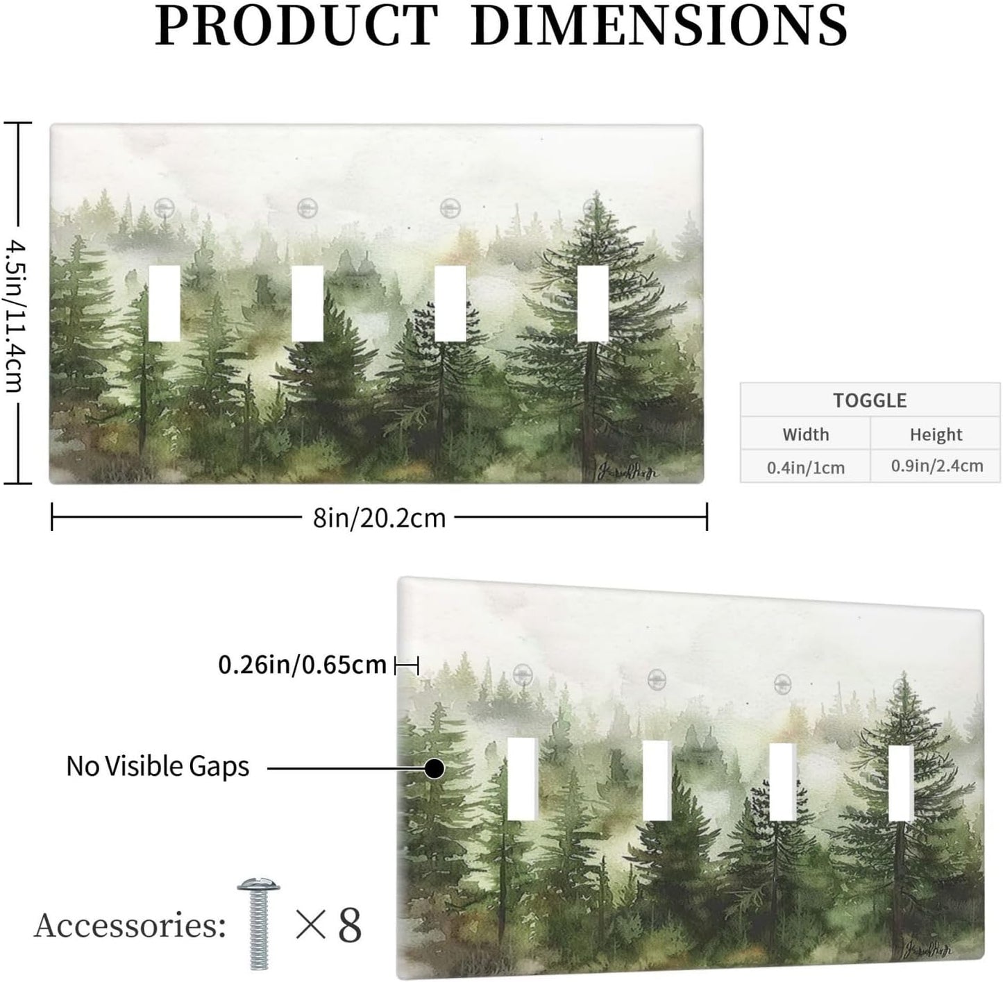 Light Switch Covers Green Forest Watercolor Painting Foggy Pine Quad Toggle Electrical Faceplate 4 Gang Wall Plate Decorative Switch Plates for Bedroom living Room Decor
