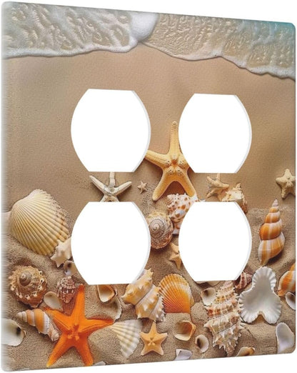 Decorative Outlet Covers Beachy Sea Ocean Seashell Starfish 2 Gang Wall Plate Cover Double Duplex Receptacle Two Switch Light Switch Cover Plate Jumbo Dual Faceplate for Home Decor