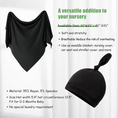 iEvolve Cotton Knitted Baby Swaddle Blanket with Hat Headband Set Newborn Swaddle Wrap Receiving Blankets for Baby Girl Boy 45" x 45"(Black)